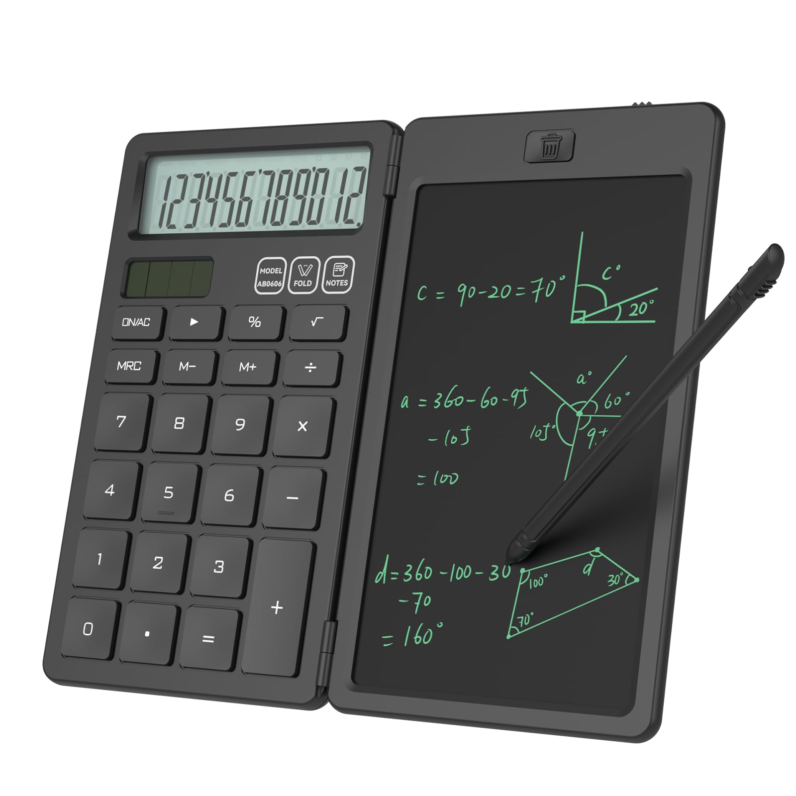 NEWYES Calculator with Writing Tablet, LCD Writing Pad and Stylus Pen, Solar & Battery Powered Calculator for Office School Students, Black