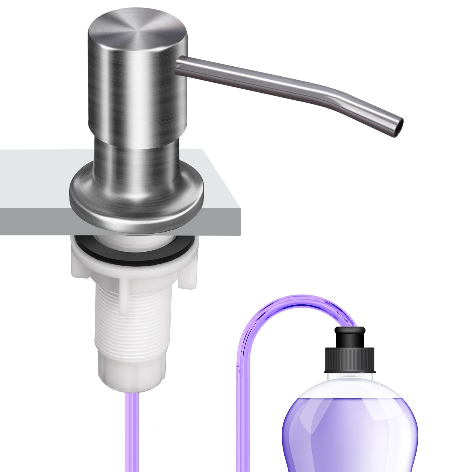 soap dispenser kitchen sink, sink soap dispenser, 47" extension tube kit, dish soap dispenser pump, no need more refills (brushed nickel)