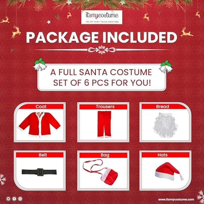 Image of ITSMYCOSTUME Santa Claus fleece dress for Christmas in red and white colour for kids. Complete costume set includes jacket, pant, hat, candy pouch /bag for Boys & Girls