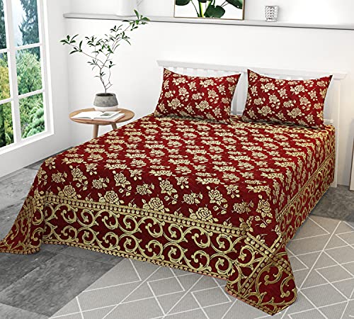 Image of Velvet Queen Size Bedsheet Set, 3 Piece Jaquard Weaved Long Life Bedsheet With 2 Pillow Covers, Coffee Colour (Red), 180 TC