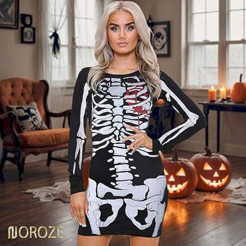 Skeleton Costume Adult Women | Red Blood Heart Skeleton Dress | Long Sleeve Bodycon Skeleton Outfit | Skull Bones Printed Ladies Halloween Costume Dress | Skeleton Top Tunic for Halloween Parties - Image 2