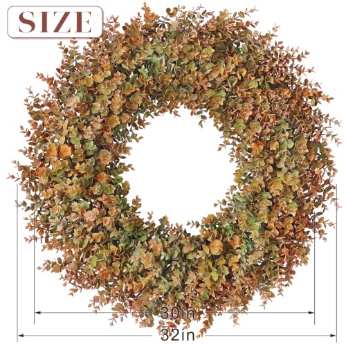 Image of 32 inch Large Fake Eucalyptus Fall Wreath for Front Door Decor(Orange-Green) | Artificial Outdoor Wreath, UV and Water Resistant, for Porch /Window /Wall /Farmhouse /Home /Thanksgiving Day /Autumn Decor