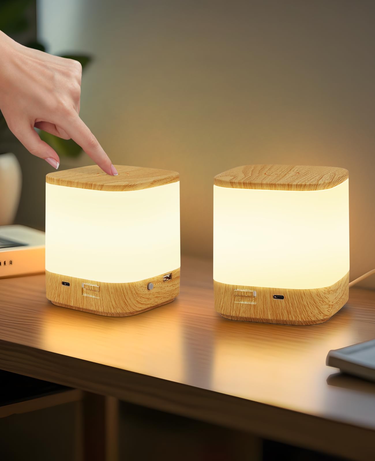 Homefire Lampada da Comodino LED 2ER Touch Dimmerabile: Lampada da Tavolo con Batteria 3600mAH, Ricaricabile USB, Lampada da Comodino Senza Fili con 3 Temperature di Colore e Timer, Luce Notturna per