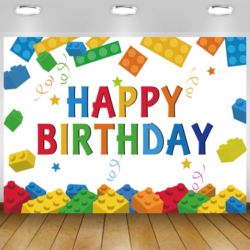 6x4Ft Building Block Happy Birthday Banner Backdrop Colorful Building Block Backdrop for Birthday Party Decorations Colored Polyester Cartoon Photography Background for Children