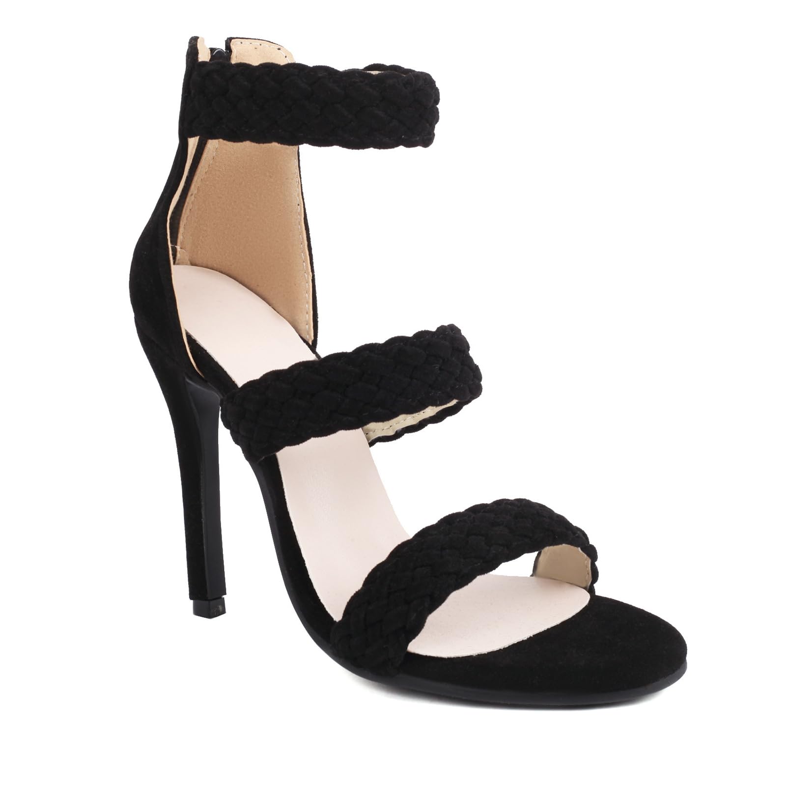 Sandali con Tacco a Spillo da Donna 11CM con Cinturini Intrecciati, Punta Aperta, Fascette Triple e Cerniera Posteriore