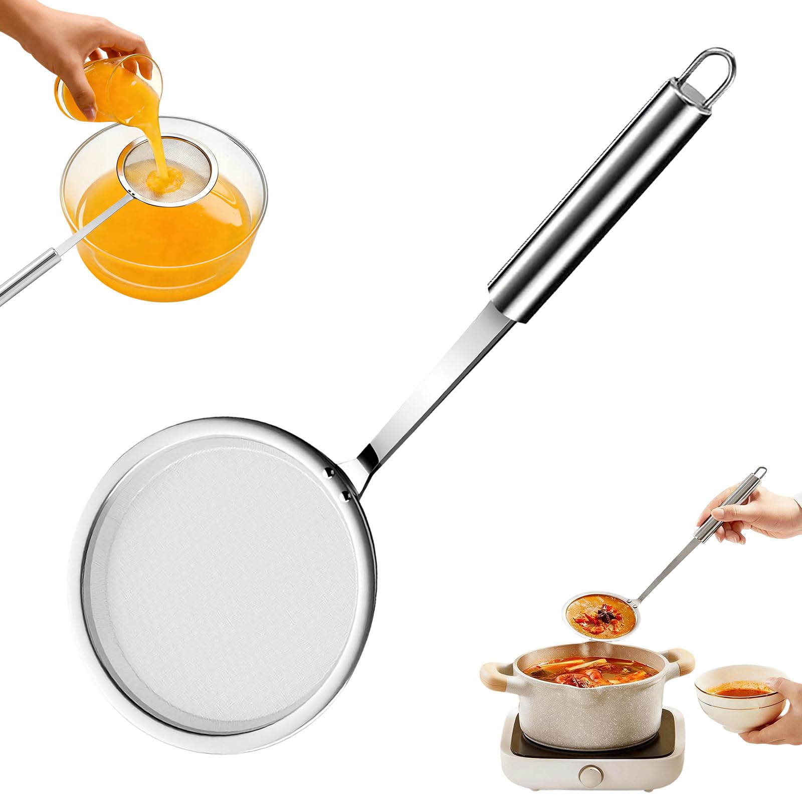 100 mesh stainless steel extra ultra fine fat skimmer spoon, very fine mesh strainer scoop,slotted ladle with holes, kitchen cooking utensil for frying,fryer,sauce,oil and grease