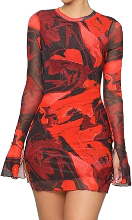 Womens Floral Tie Dye Sheer Mesh Mini Dress Crew Neck Split Slim Fit Bodycon Flared Long Sleeve Night Club Party Dress Black L