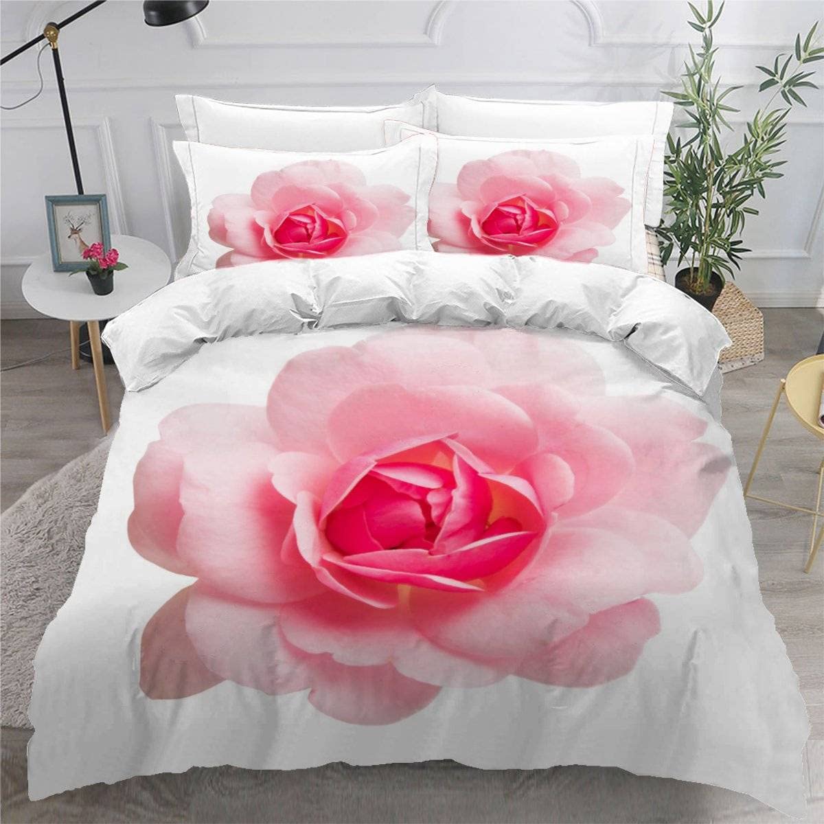 VASENA Duvet Cover King Size 3d Printed Adults Teenager Microfiber Fluffy Kingsize Bedding Pink Rose Flowers White Comforter Cover King Size with Pillowcases（230x220）