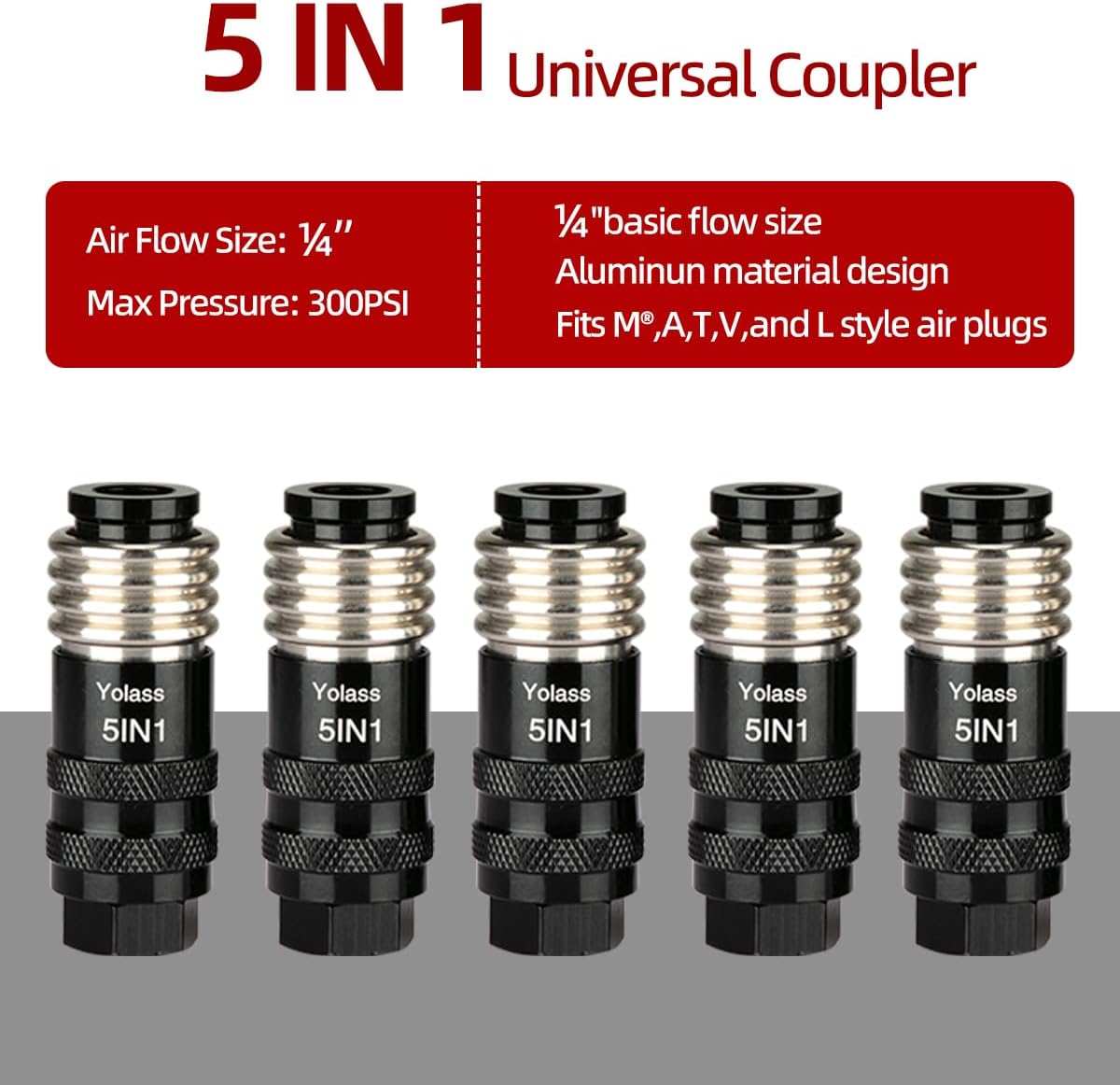 Yolass 5 In 1 Universal Quick Industrial Air Coupler, Air Hose Fittings, 1/4" Female NPT, Air Compressor Accessors Fitting (5 Piece)