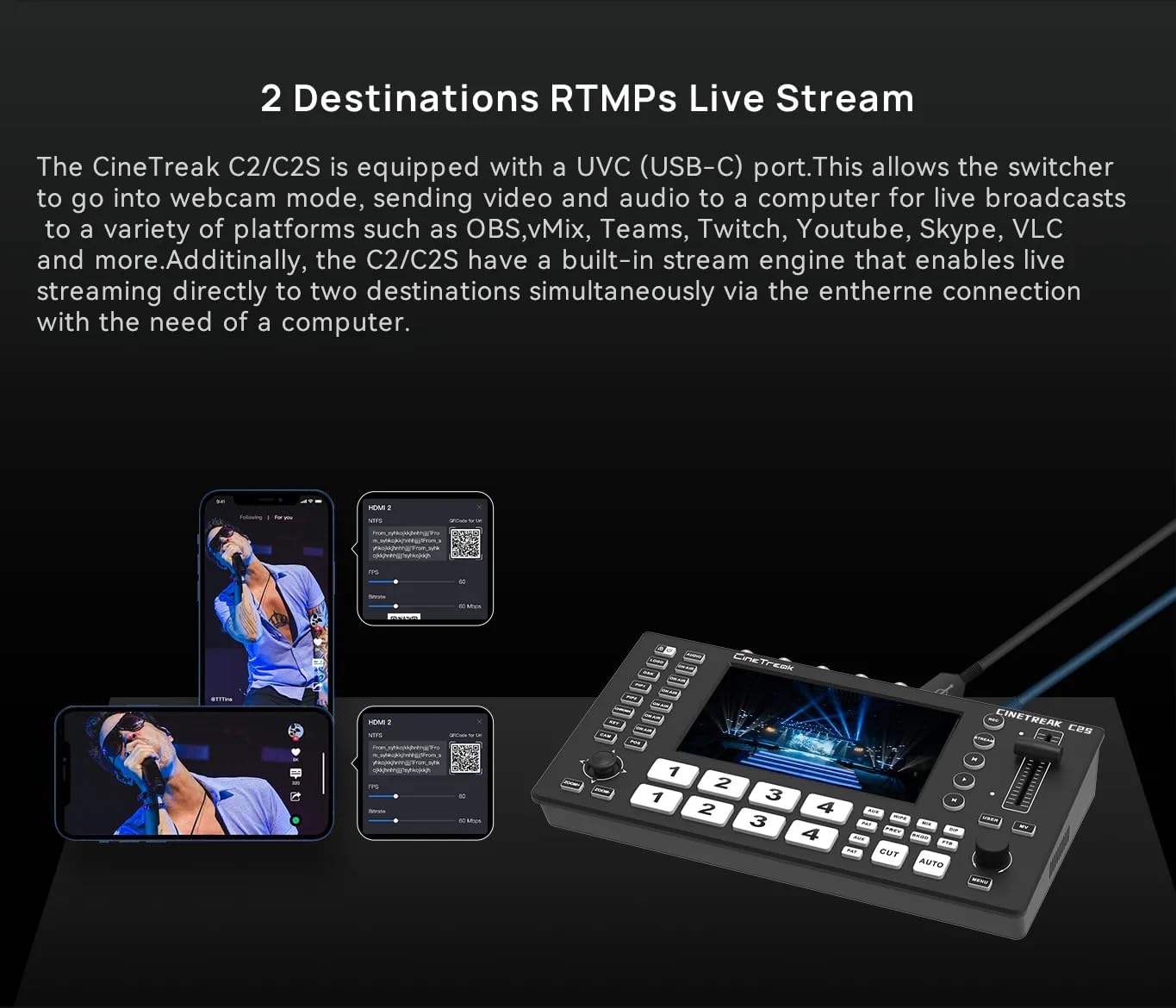 Cinetreak Cinelive C2S con 2 Cámaras PT20 NDI, Mezclador Live SDI/HDMI