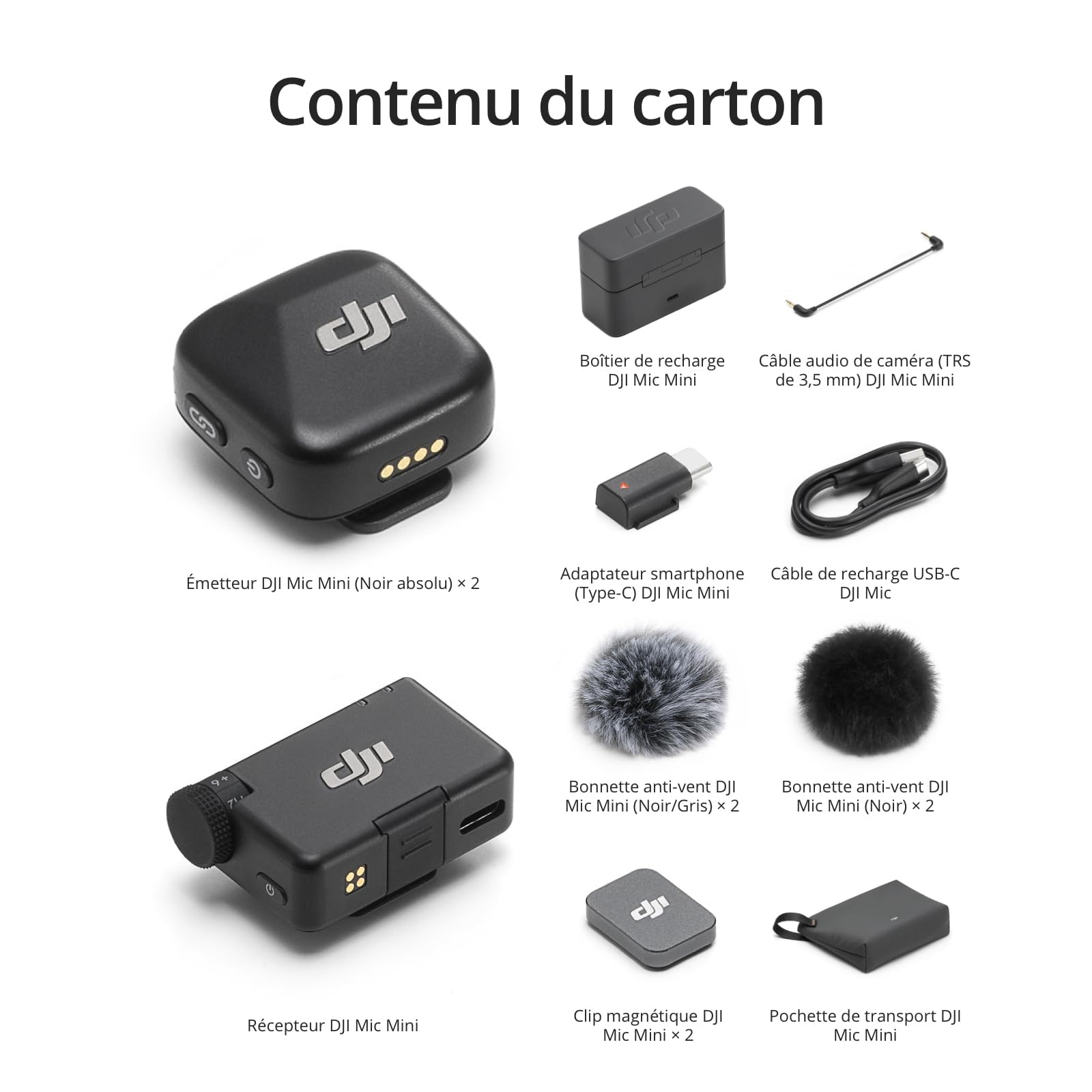 DJI Mic Mini (2 TX + 1 RX + Boîtier de Recharge), Ultra-léger, Audio de HQ, 48 h d’Utilisation, Annulation du Bruit, Limite Auto, Microphone sans Fil pour caméra/iPhone/Android, vlog, Streaming
