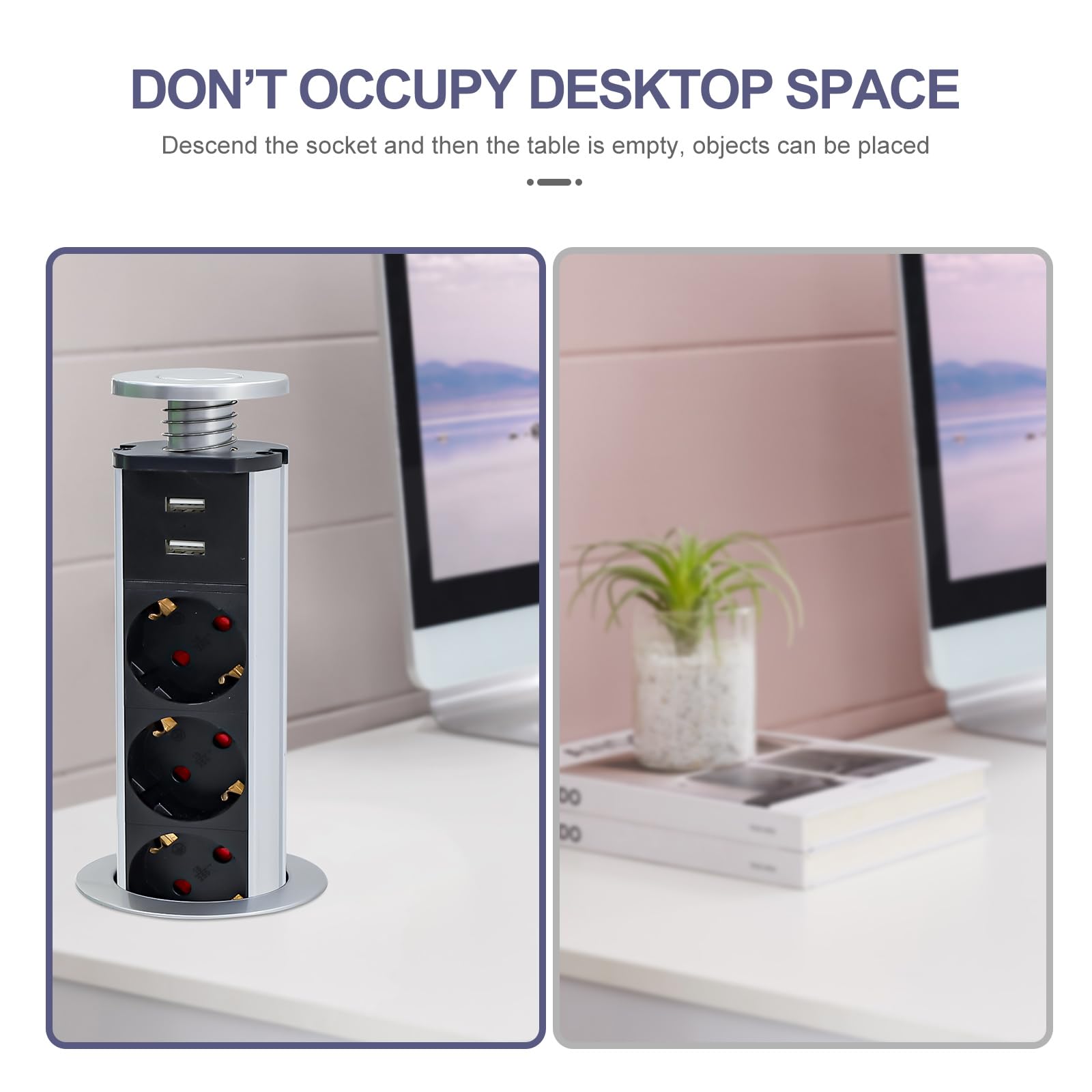 2 ciabatte multipresa a scomparsa con USB, 3 prese da incasso | Con protezione da sovratensione, cavo da 1,8 m e design salvaspazio per cucina, scrivania e home office