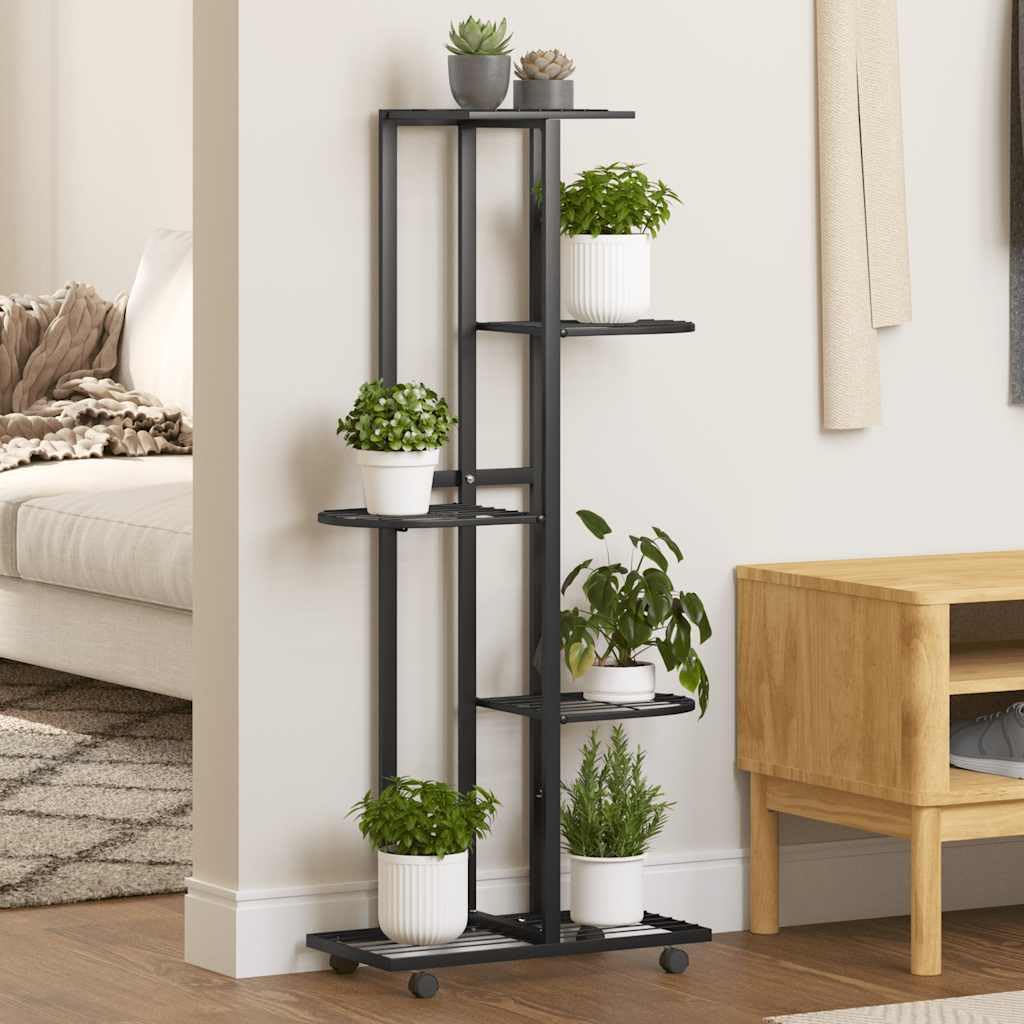 Scaffale verticale per piante con ruote di colore nero, supporto per fiori a 5 ripiani in ferro 44 x 23 x 100 cm, supporto per fiori nero alto 100 cm per angoli stretti