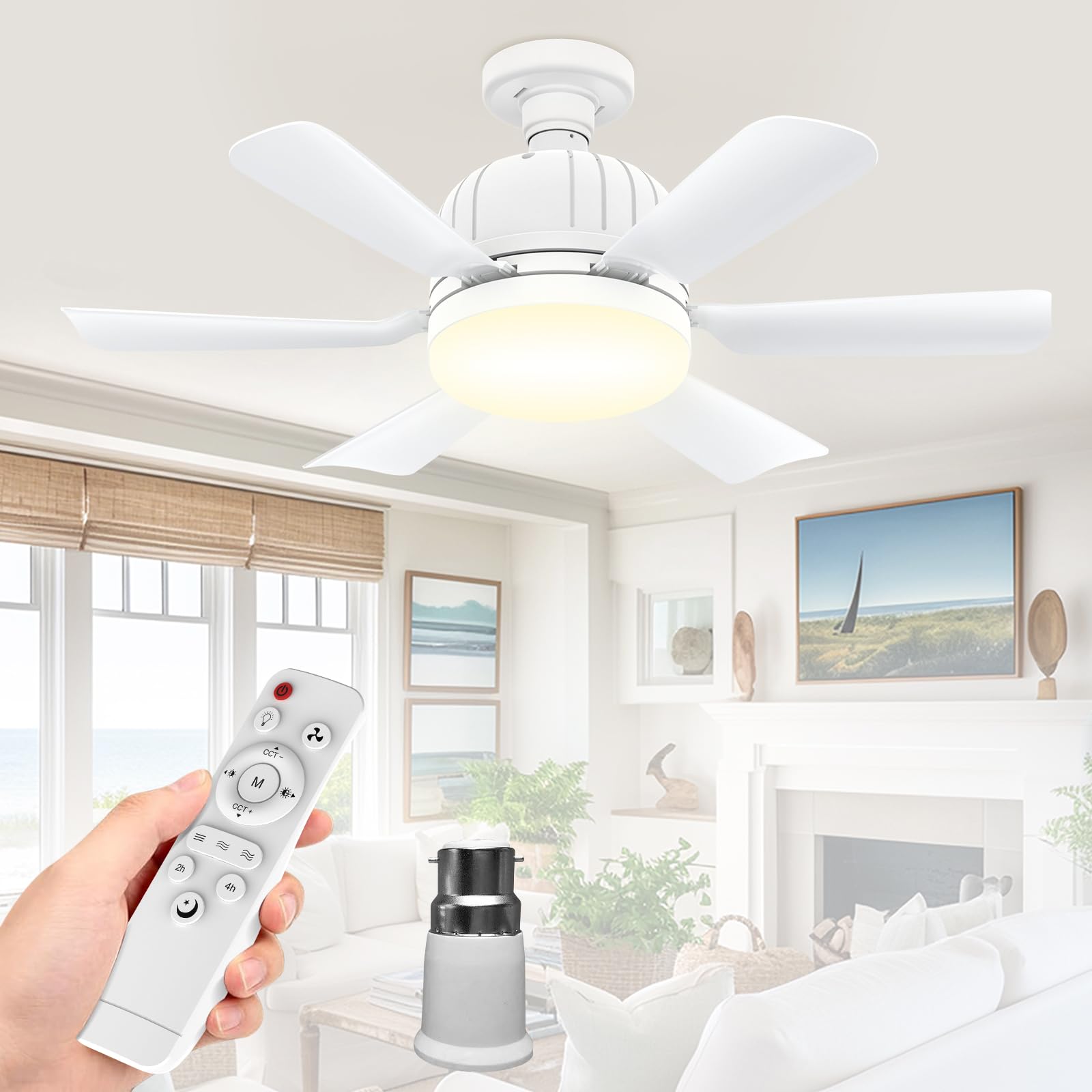 Oiwerh B22-White 46Cm E27/B22 Ceiling Fan Light Bulb Bayonet Fitting, Ceiling Fans With Lights And Remote, Ceiling Fans Lights Dimmable, Ceilings Lamp With 3 Speeds Timing, 6 Blades
