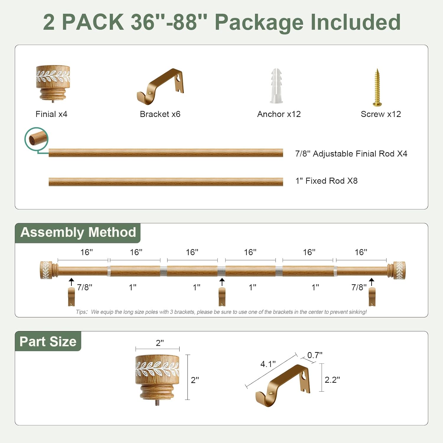 QDWIS 2 Pack Imitation Natural Wood Grain Curtain Rods for Windows 48 to 84 inch 1" Modern Adjustable Heavy Duty Curtain Rod Boho Decorative Drapery Rods Set for Living Room Bedroom Rustic Outdoor