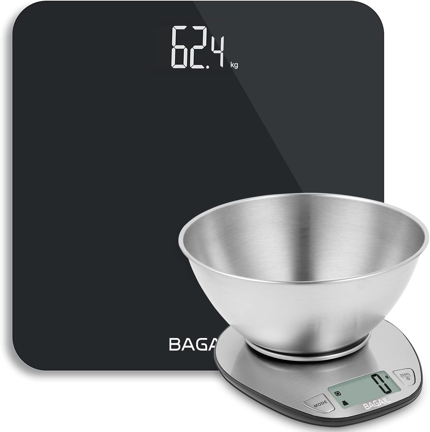 BAGAIL BASICSBathroom Scale + Kitchen Scale, Premium Large Display Backing Scale Food Weighing Scale with Stainless Steel Mixing Bowl