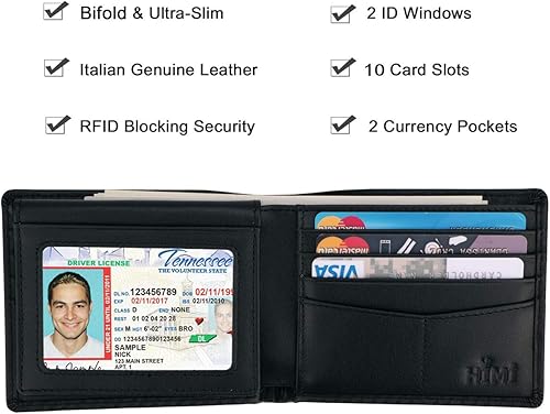 Miniatura 31 de HIMI - Cartera elegante de cuero auténtico para hombre, con bloqueo de interferencia de radiofrecuencia (RFID), con 2 ventanas para identificación
