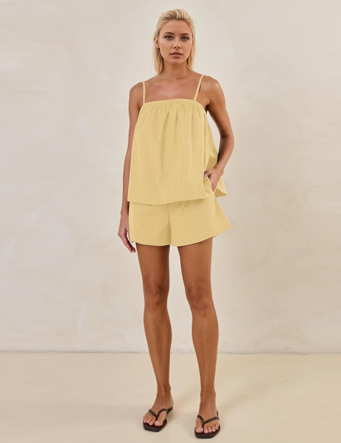 Women 2 Piece Lounge Sets Striped Sleeveless Cami Top Cute High Waist Shorts Casual Summer Vacation Outfits
