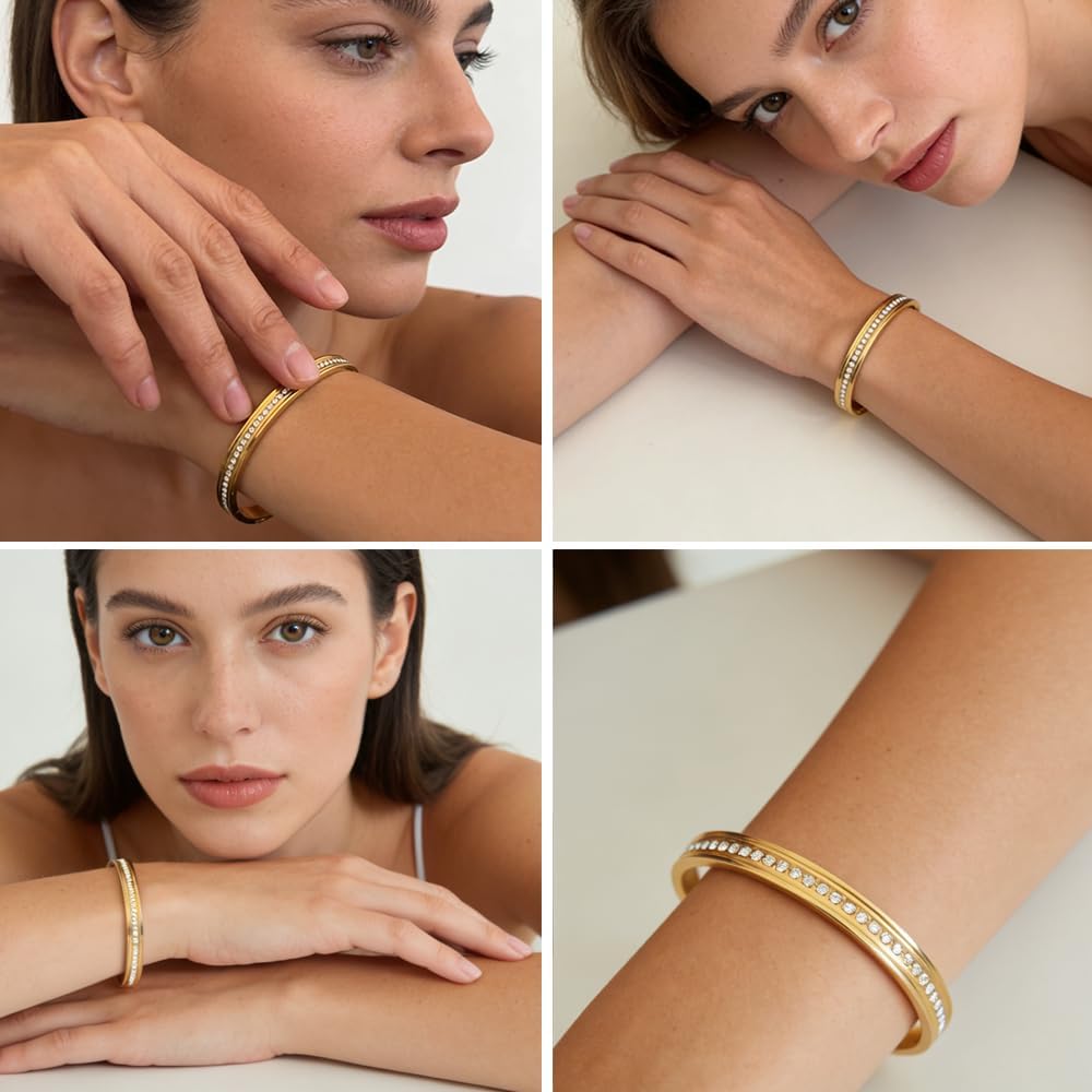 18K Gold Plated Stainless Steel Women's Bracelet Set, 2-Pack Stackable Adjustable Open Bangles, Hypoallergenic Waterproof Zirconia Crystal Jewelry Gift for Women - Image 4