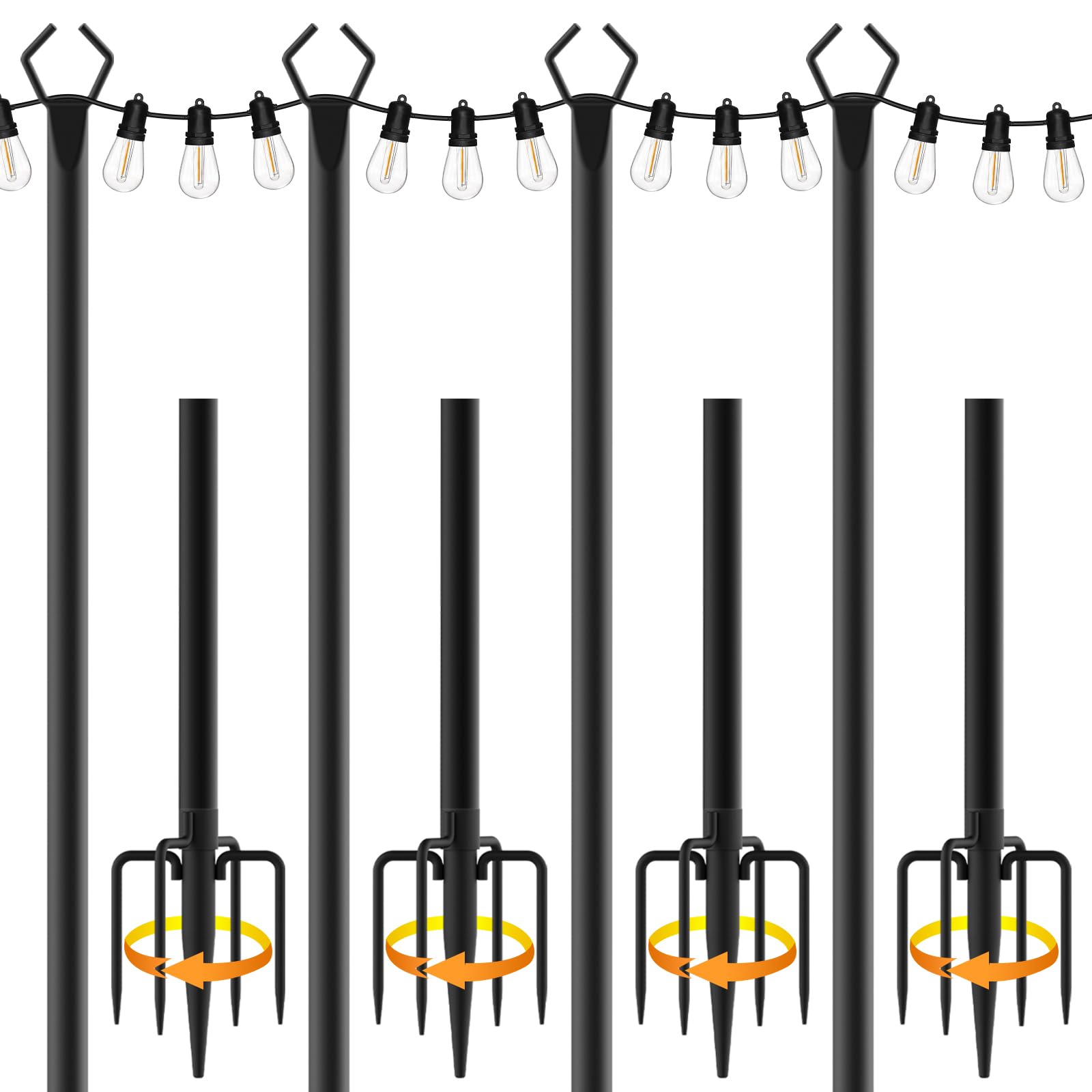 4 Pack 10 ft Heavy Duty Metal String Light Poles Adjustable Outdoor Lighting Stand for Patio,Backyard,Garden,Party & Wedding Rustproof & Sturdy with Hooks