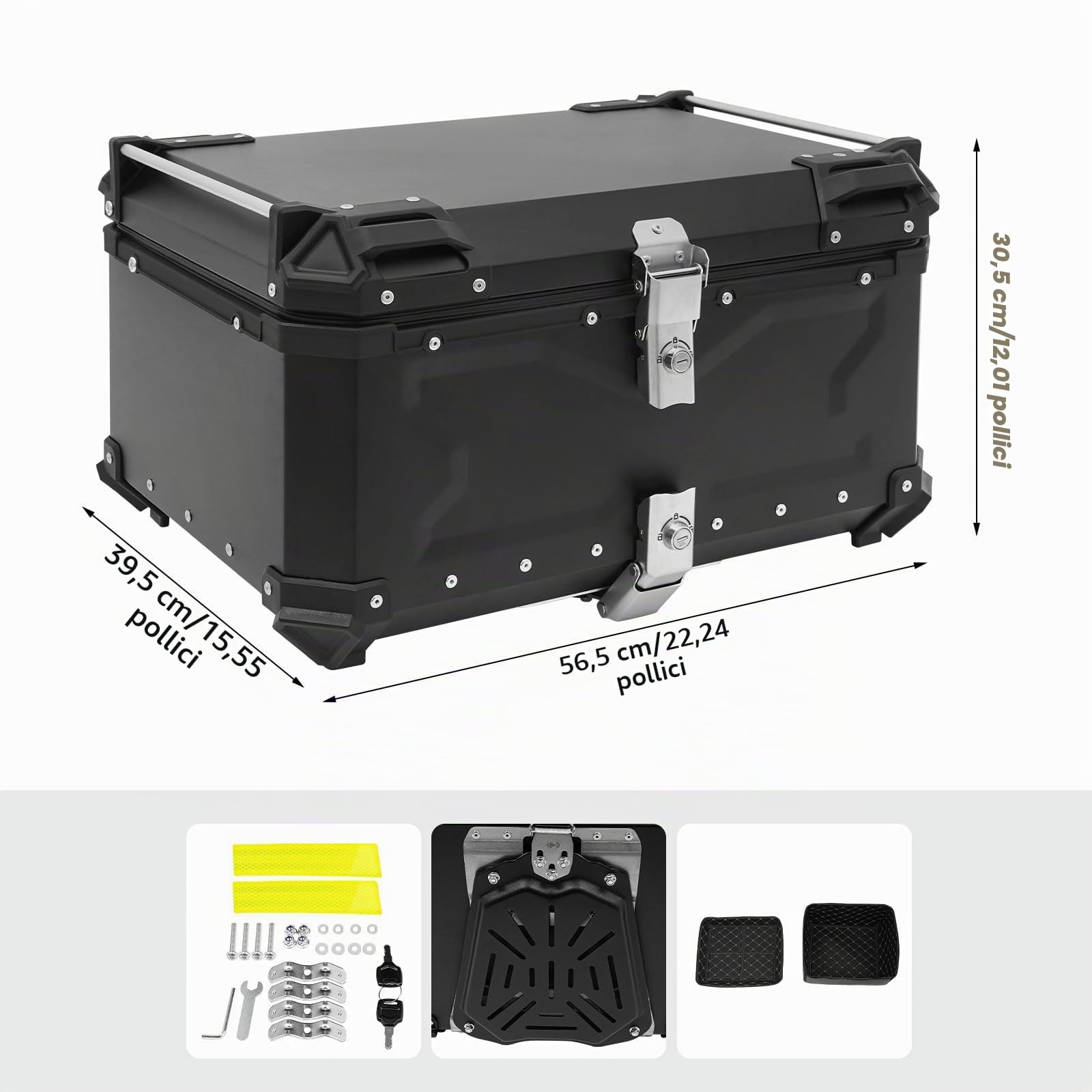 Bauletto superiore per moto da 65L, scatola posteriore impermeabile con lucchetto di sicurezza, costruzione in alluminio e acciaio al carbonio, per 2 caschi e accessori da viaggio – nero
