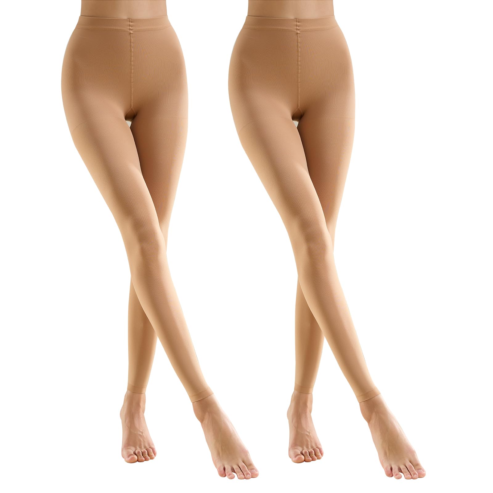 MANZI 2 Pairs 70 Denier Women's Footless Tights Stretch Run Resistant Opaque Control Top Tights Tan S