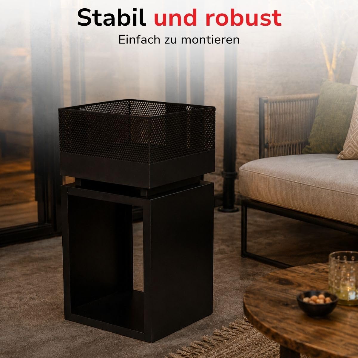 BBQ Collection Feuertonne mit Funkenschutz - Feuerkorb 39 x 39 x 85 cm - Gartenkamin für Brennholz - Terrassenofen mit Schürhaken und Brennholzlager - Deko Terrasse - Karbonstahl