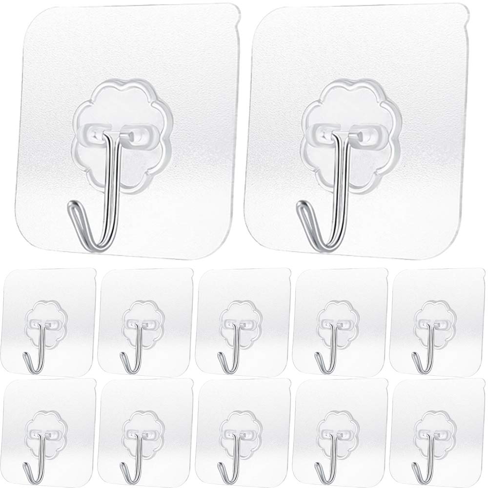 Adhesive Hooks, Reusable Utility Hooks Heavy Duty 13LB Wall Hooks Transparent Seamless Hooks Waterproof and Oil Proof for Kitchen Bathroom Ceiling Office Window (12)
