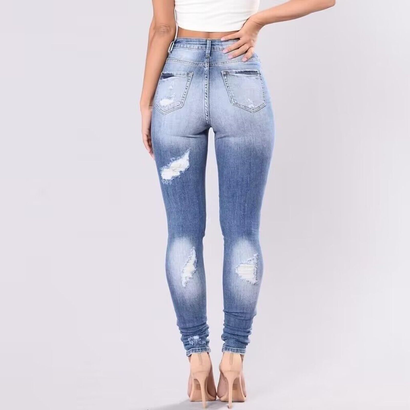 Jeans estivi da donna a vita alta, in mussola, vestibilità slim fit | Comodi pantaloni da donna strappati, vintage, in tessuto elasticizzato, pantaloni da trekking, gamba dritta