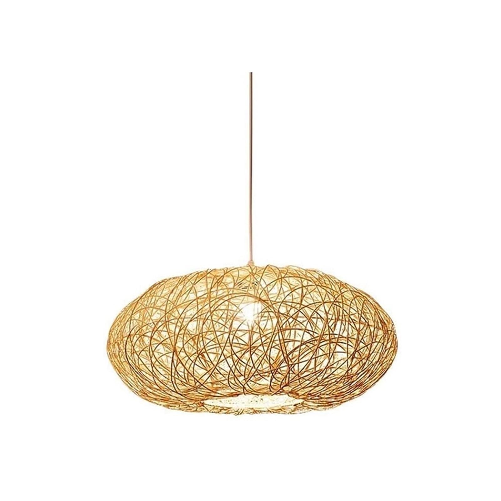 BLOOHK Boho Rattan Bird’s Nest Pendant Light, Hand-Woven Bamboo Chandelier, Flattened Round Wicker Hanging Lamp for Kitchen Island, Dining Room, Bedroom