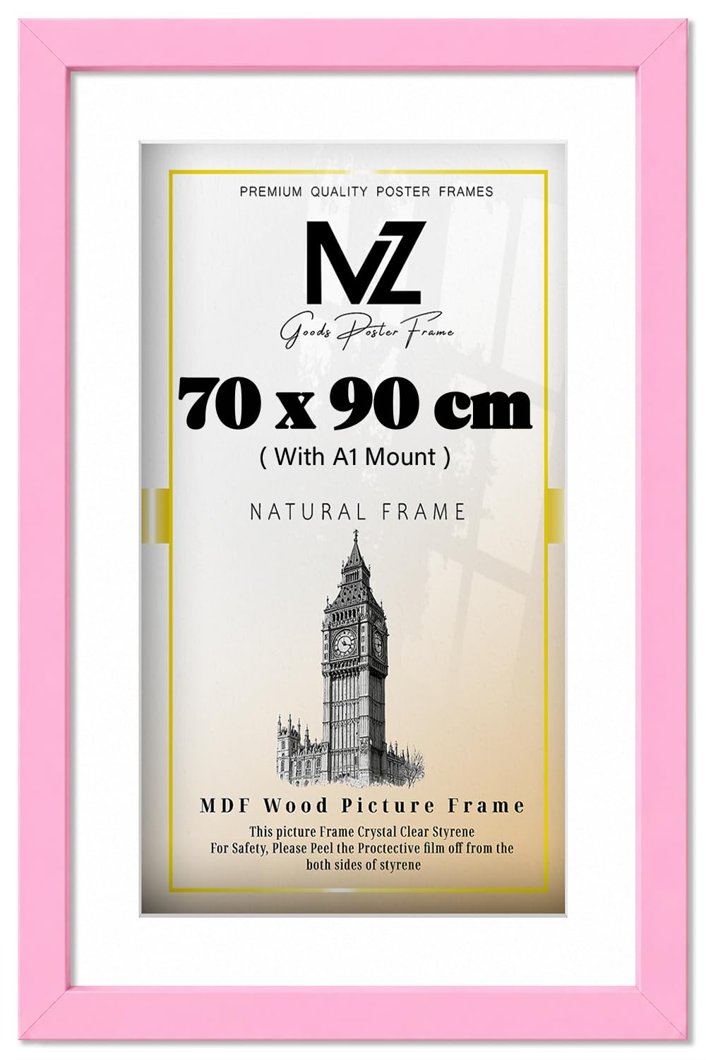 MZ GOODS | MDF Minimalist Picture Frame (90 x 70 cm) With A1-(33 x 23 Inch) White Mount Wall Display | 36 Inch x 28 Inch Diploma, Certificate, Artwork, Decorative Frame [ Pink ]