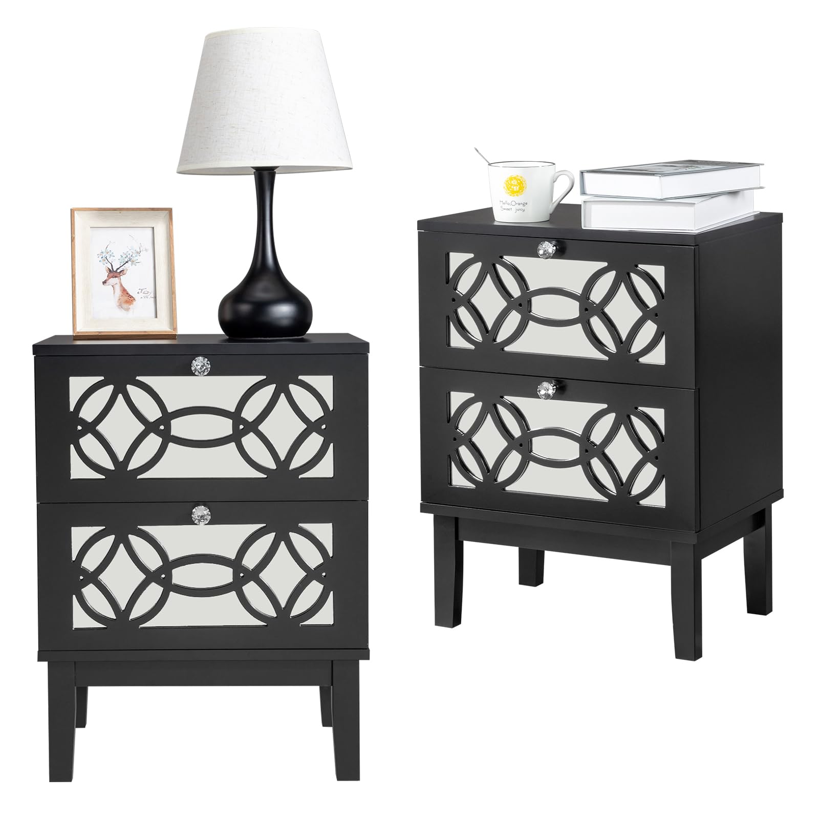 VINGLI Black Nightstand Set of 2, Nightstands with Mirror Front Drawers, Bed Side Table/Night Stand, Modern Nightstand, Mirrored Nightstand with Drawer for Bedroom, Kids' Room, Living Room, Wood