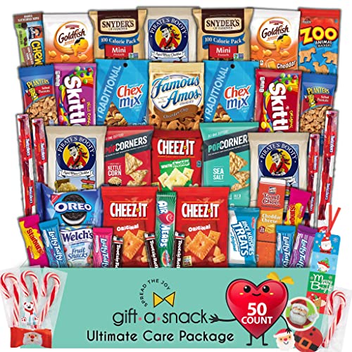 Image of Gift A Snack - Christmas Candy Stocking Stuffers, Pre-filled Holiday Snack Box Care Package + Greeting Card (50 Count) Sweet Treats Gift Basket, Candies Chips Office Food Assortments