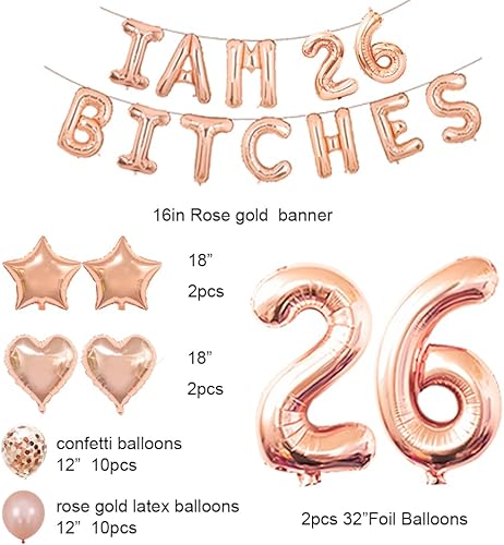 Miniatura 2 de Juego de fiesta de cumpleaños número 26, con texto en inglés "I am 26 Bitches" (Soy 26 Bitches), globos de confeti de oro rosa para niñas de 26 años
