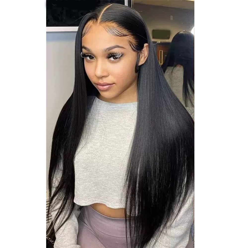 JHXIN 4x4 Lace Wig, Natural Black Long Straight Hair, 100% Virgin