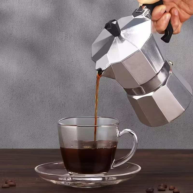 Classic Italian Espresso Maker, Aluminum Manual Stovetop Pour Over, No Electricity Needed for Home Mocha, Tea, Coffee Bars, Silver, 150ml — view 3