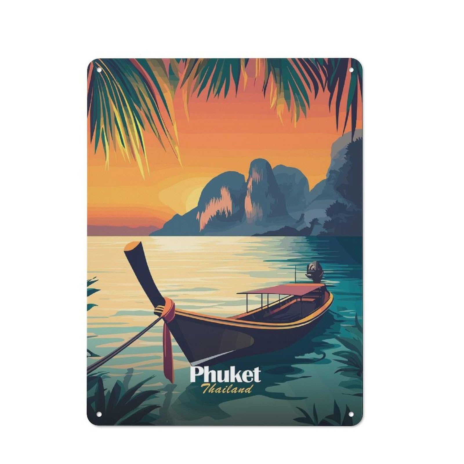 Junmoney Style-6 Retro Metal Plaque 40X30cm Featuring Phuket Sunset Boat For Workshop Wall, For Metal Sign Collectors, For Garage And Workshop Walls