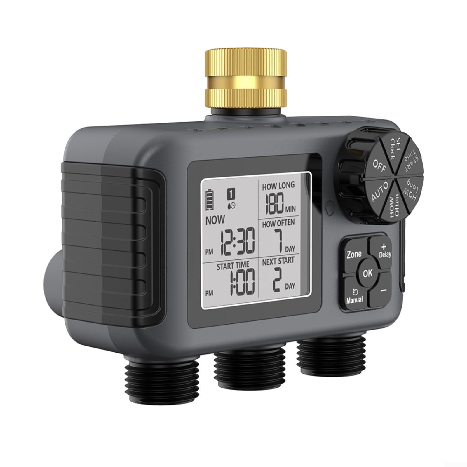 Timer automatico per irrigazione da giardino, regolatore di irrigazione a tre valvole, classificato IPX5, con blocco per bambini, per esterni, cortile, verde, nero