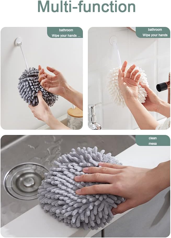 2 Pack Soft Hand Drying Hanging Ball Towels for Bathroom Microfiber Decorative Kitchen Fuzzy Ball Plush Sponge Cute Chenille Hand Towels with Hanging Loops (White and Sky Blue) - Image 5