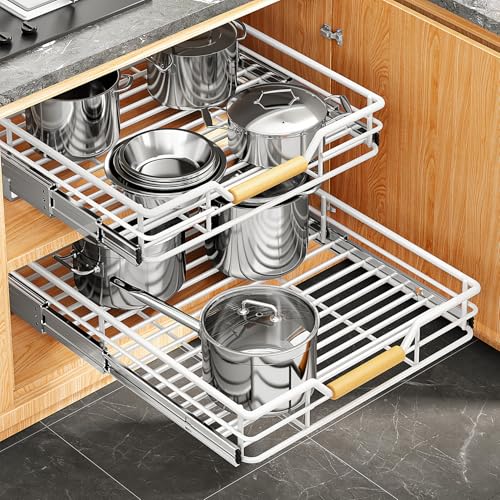 Image of Pull out Cabinet Organizer, 15 inchW X 21 inchD, Heavy Duty Smooth Sliding Under Cabinet Shelves for Pots and Pans, Full-Extension Roll out Drawers, Slide out Organization for Home Kitchen Pantry, White