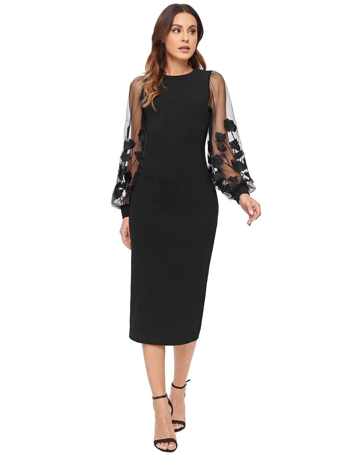 shein women's elegant mesh contrast bishop sleeve bodycon pencil dress Womens Long US WOMEN SIZE:7.5 Central Line Dressing Change Brand:SF Floor