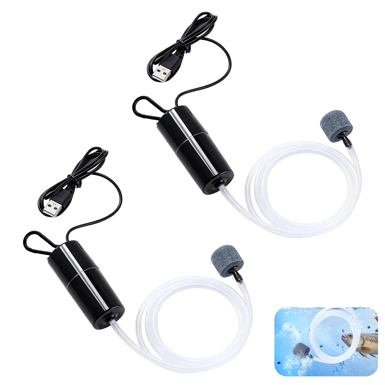 2 Pcs Air Stones for Fish Tanks, Air Bubbler for Fish Tank Mini USB Aquarium Pump Oxygen Silent Silicone Tube Portable Energy Saving Bubbler for Outdoor Fishing Small Ponds Supply Aerator, 1W