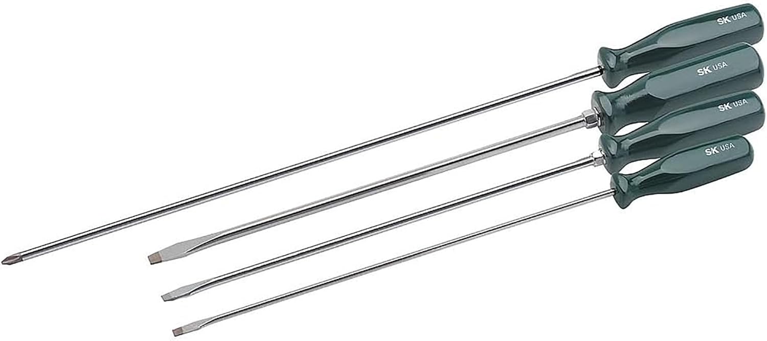 SK Tools USA 4 Piece, Long Reach, SupreGrip® Combination Screwdriver Set: P2 x 16" Phillips Screwdriver, 3/16 x 12", 1/4 x 12", 5/16 x 12" Slotted Screwdrivers | 86324