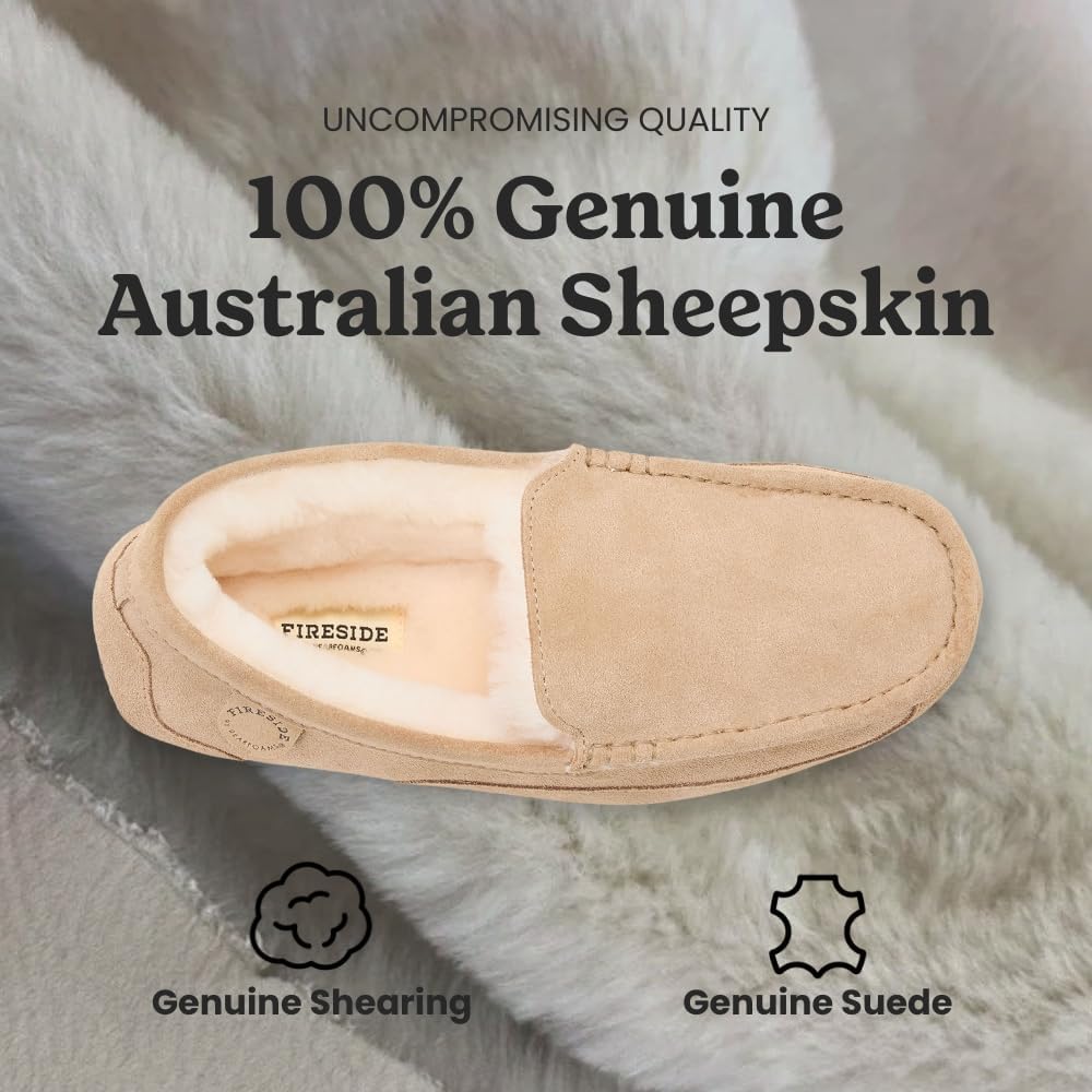 Fireside By Dearfoams Men's Melbourne Genuine Shearling Moccasin Slippers, Memory Foam Sudede Loafers Slip-in House Shoes - Image 3