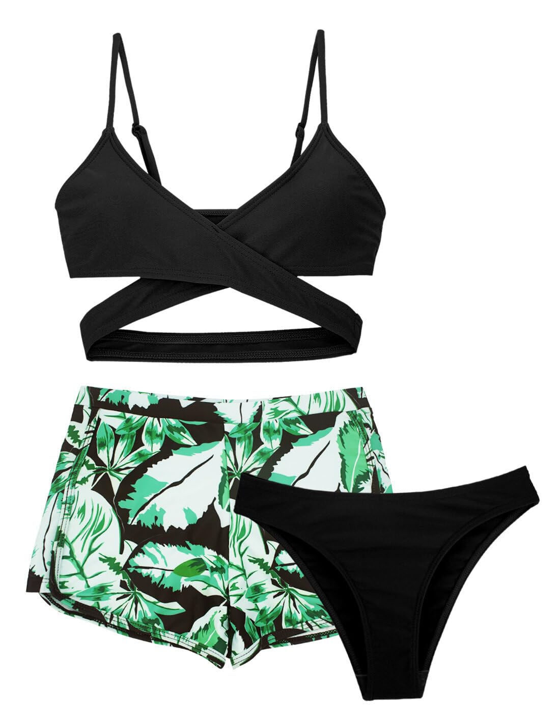 AIEOE Niñas 3 Piezas Bikini Traje de Baño de Estampado Tropical con Cover Up Shorts 8-14 Años