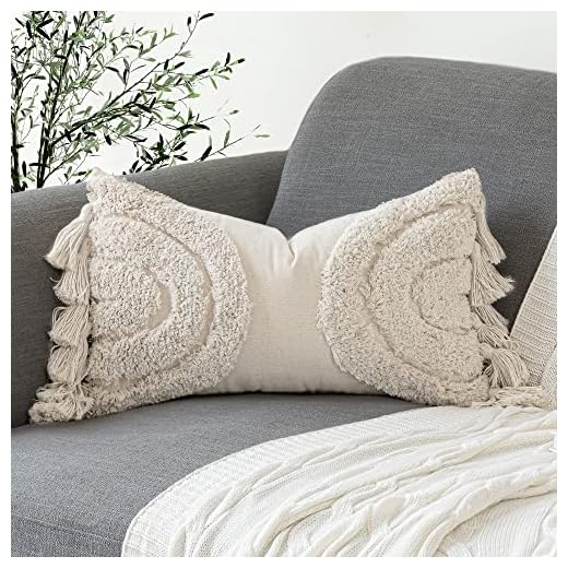 Foindtower Gorgeous Half Moon Accent Boho Tufted Decorative Throw Pillow Cover, Cozy Bohemian Design Cotton Canvas Lumbar Cushion Cover | Tassels Pillow Case Home Decor Natural White 12"X 20"