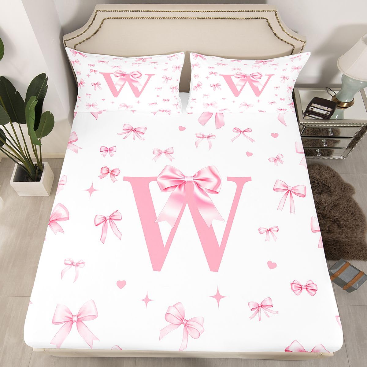 Sábana bajera ajustable con lazo rosa, tamaño King (no plana), juego de ropa de cama de 3 piezas, decoración de habitación de niñas y niños, mujeres, sábana de bolsillo profundo con lazo de cinta