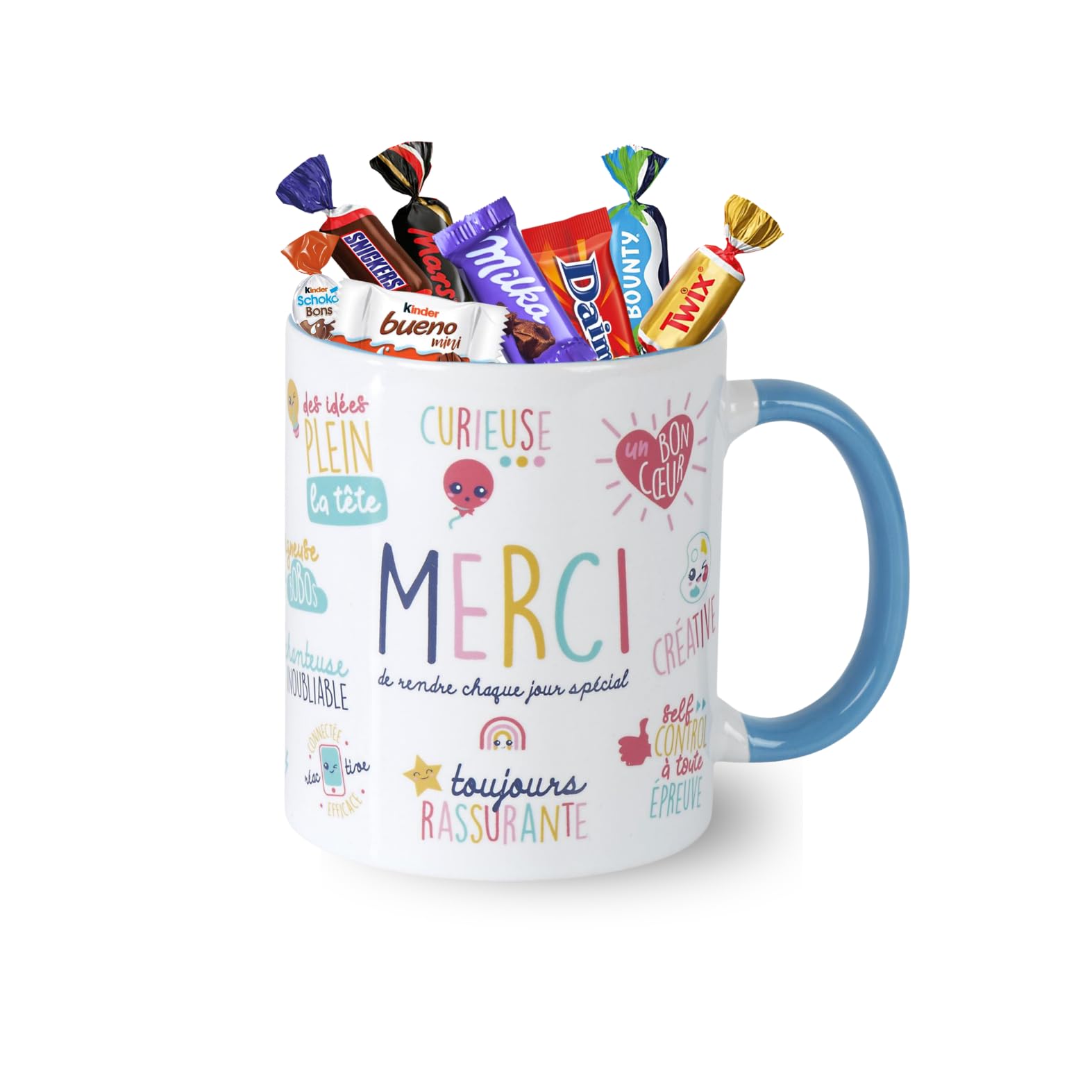 Mug MERCI garni d'un assortiment de 20 chocolats MILKA, KINDER, CELEBRATIONS, DAIM | Cadeau pour remercier les Maîtresses, ATSEM & Nounous, Collègues, Soignantes
