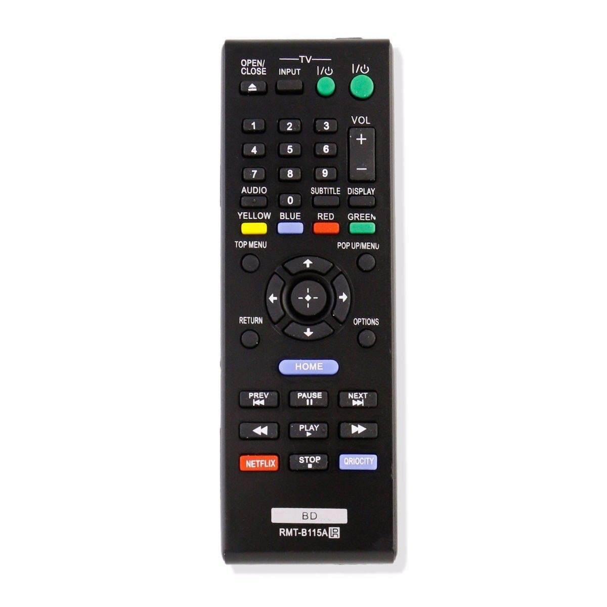Front view of the NKF RMT-B115A remote control, showing all buttons including power, volume, channel, navigation, and media playback controls.