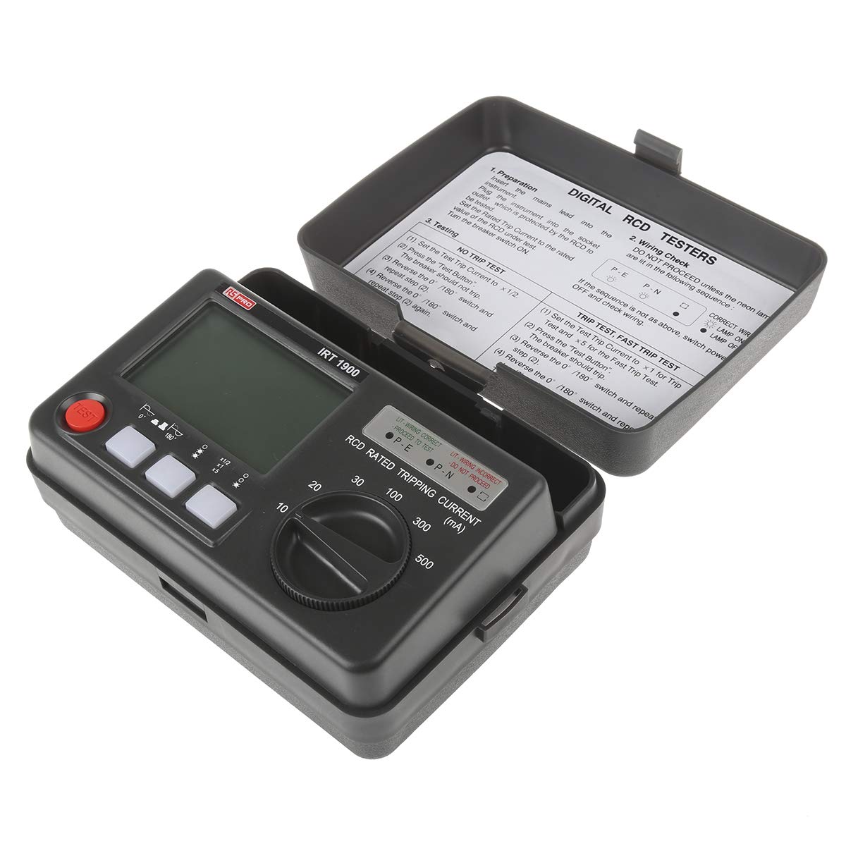RS PRO IRT1900 LCD-Anzeige Digitales RCD/FI-Prüfgerät 10mA AC